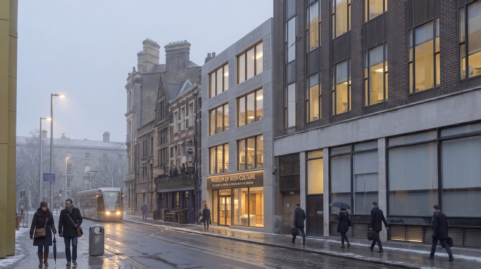 Visualisation architecturale d'une rue de Dublin en hiver avec façade de musée éclairée