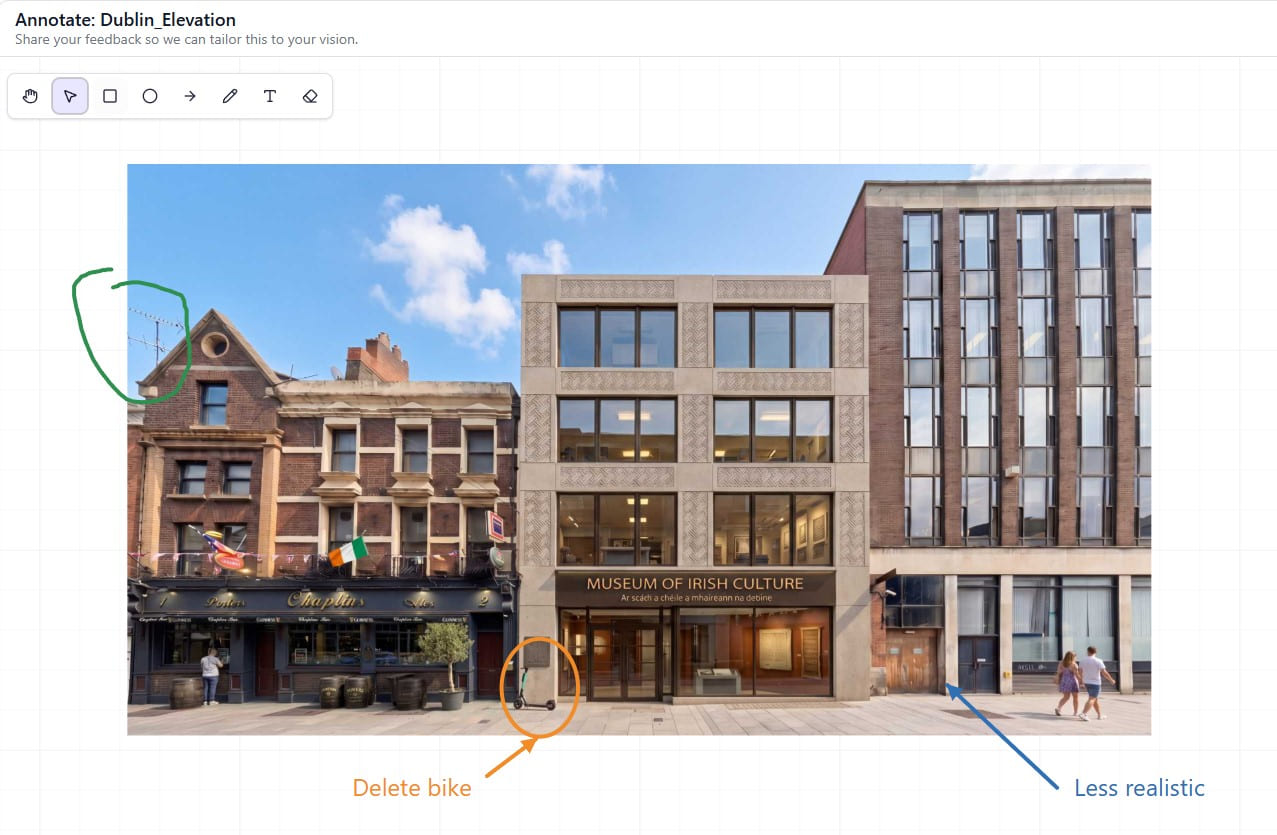 Elevación arquitectónica anotada con flechas, notas y marcas