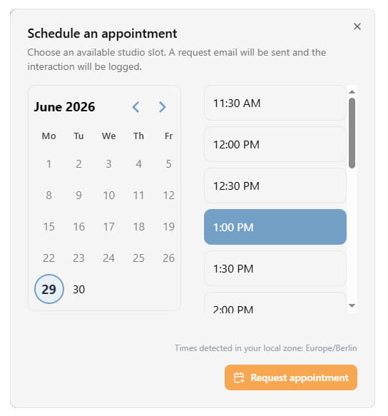 Interfaz de reserva con horarios disponibles para una llamada de estudio