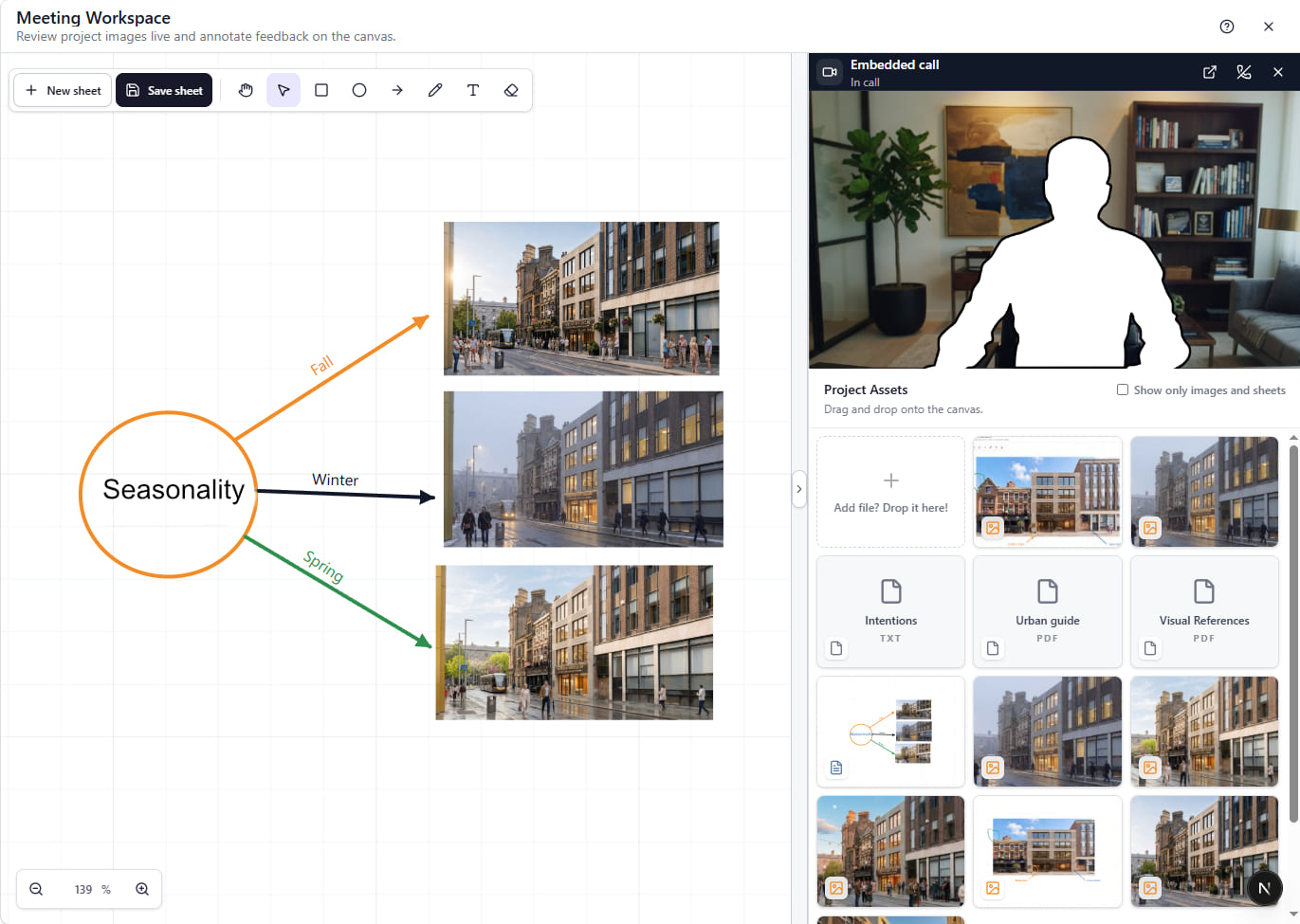Espacio de reunión con llamada en directo, recursos del proyecto y lienzo de anotación