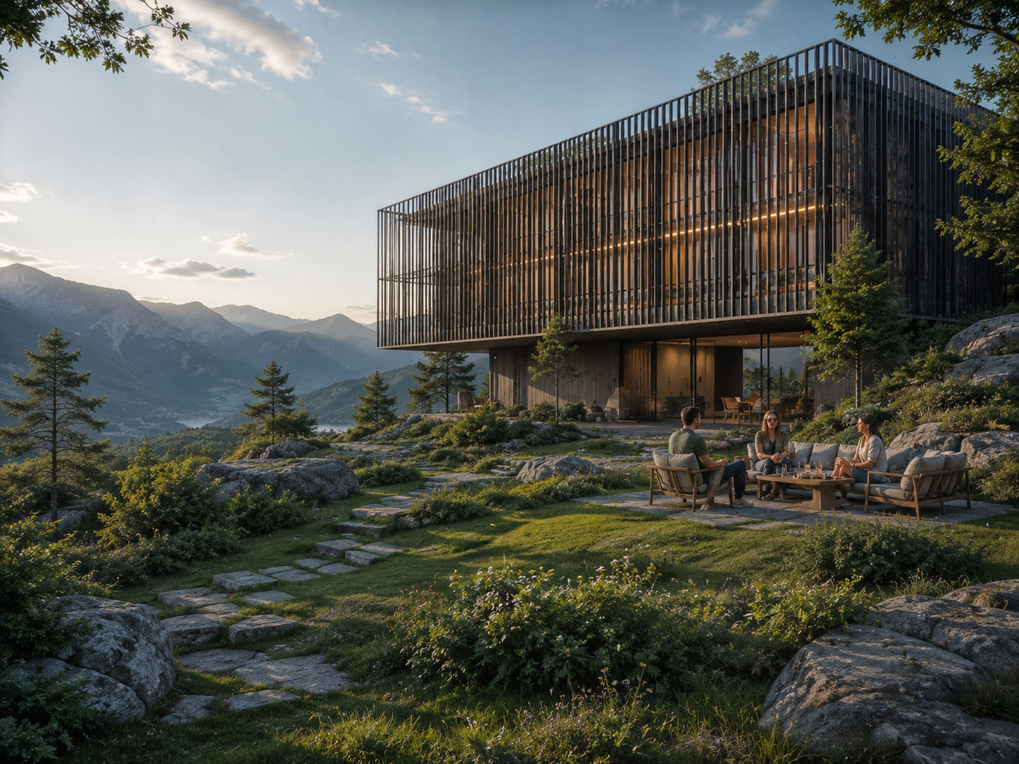 Visualización arquitectónica de una residencia frente al lago