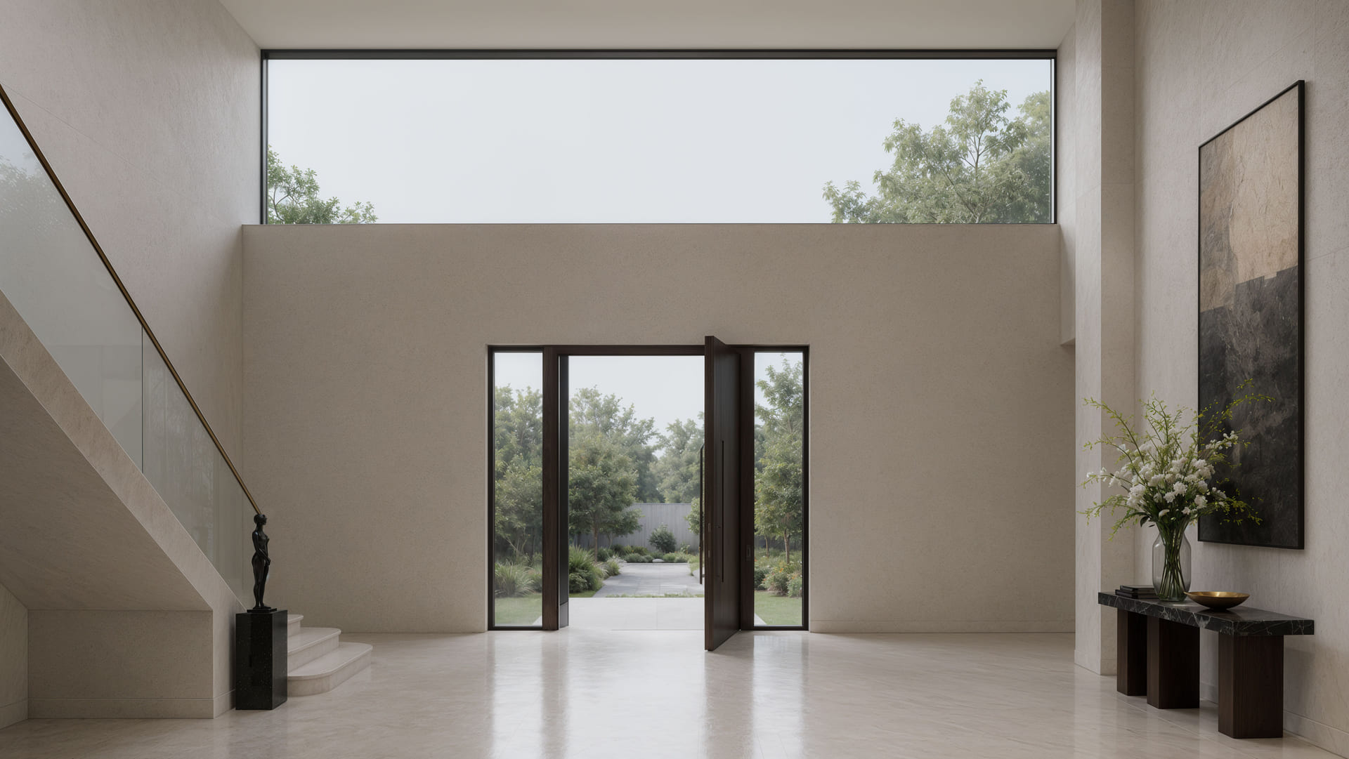 Entrada de villa abierta hacia un jardín paisajístico
