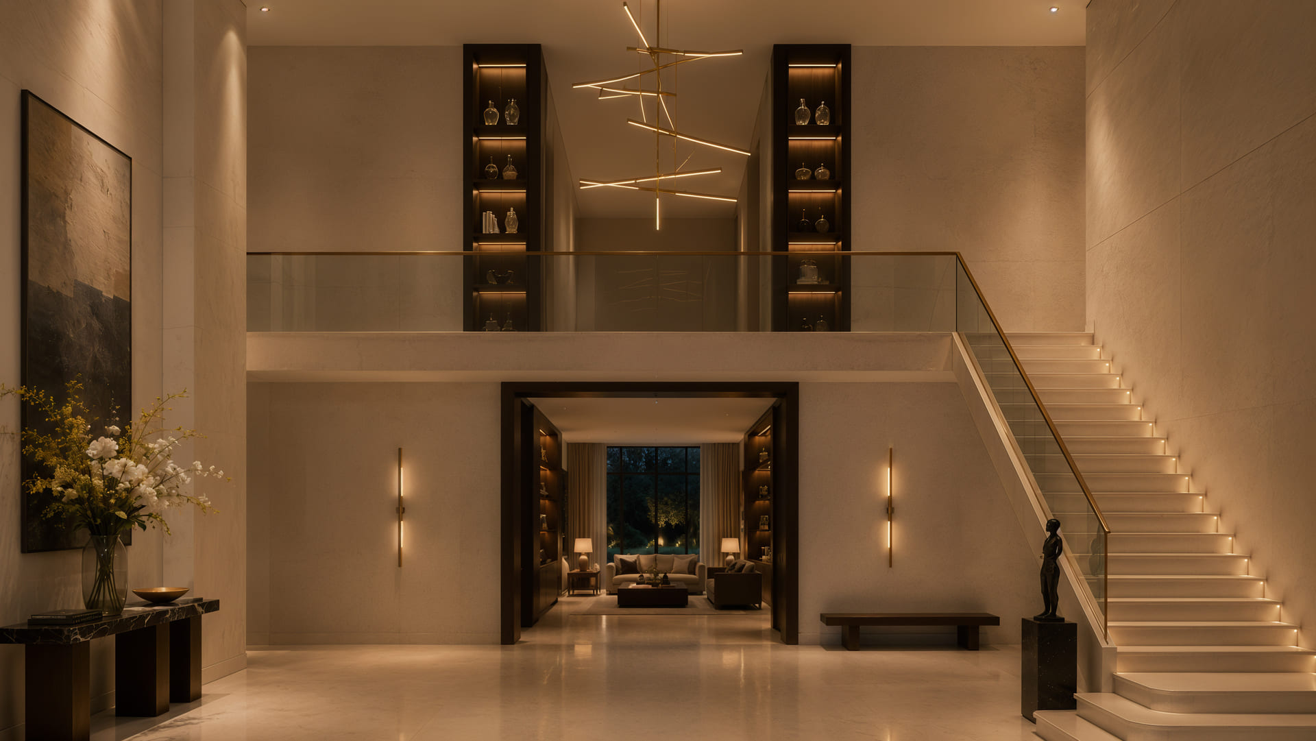 Double-height villa entrance with a view toward the salon