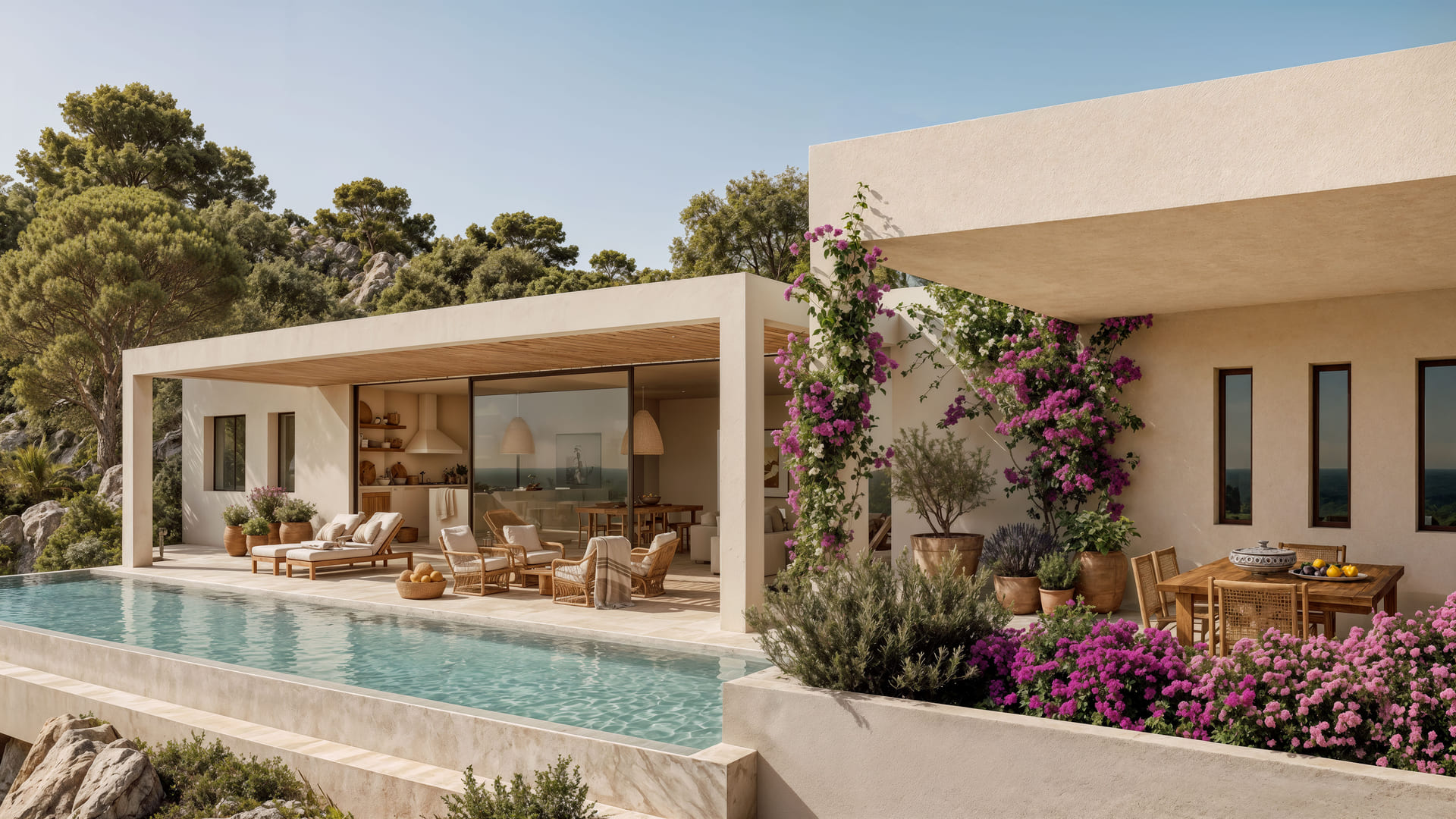 Es Cubells pool terrace with Mediterranean planting