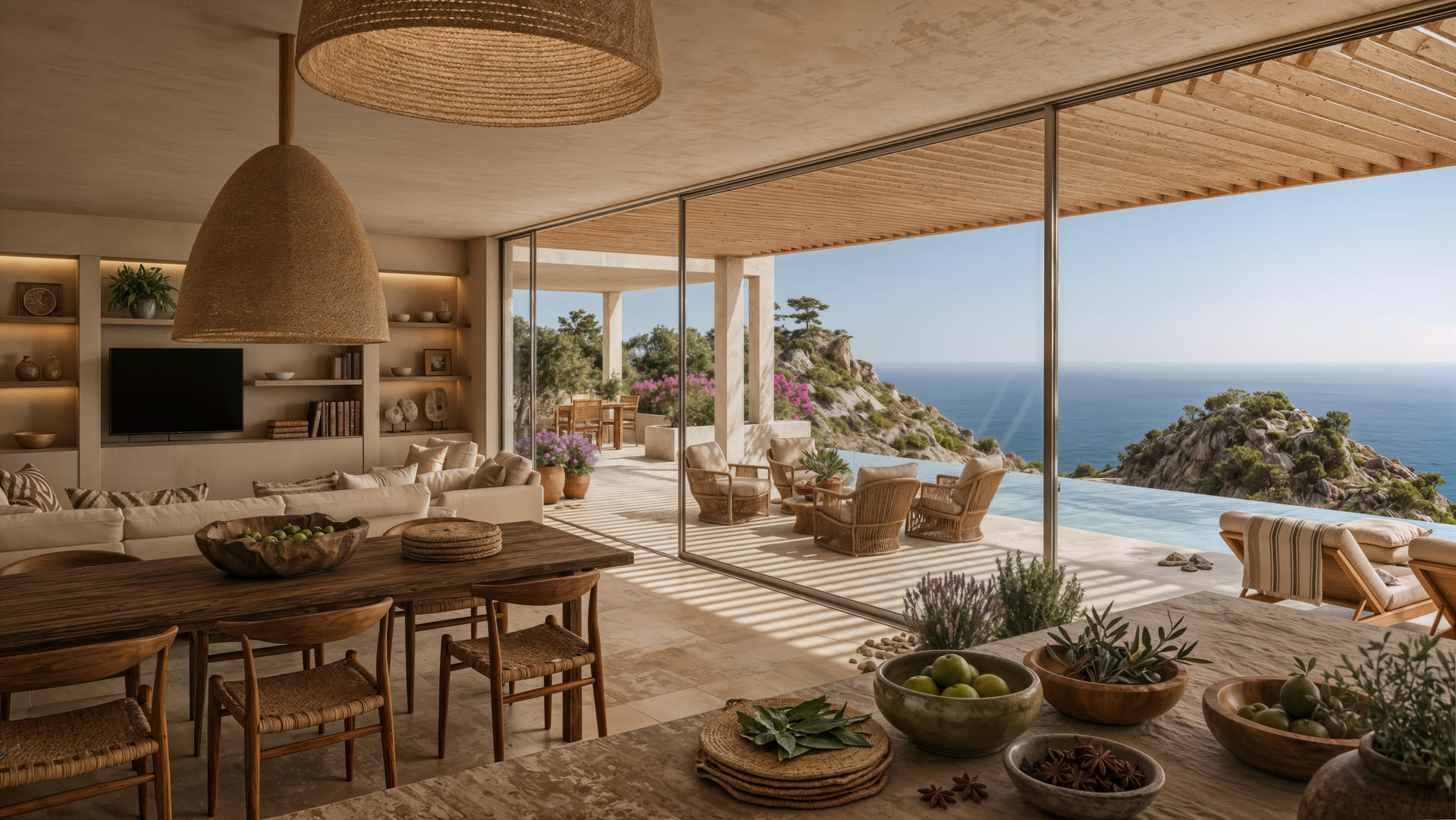 Es Cubells warm interior opening to a sea-facing terrace