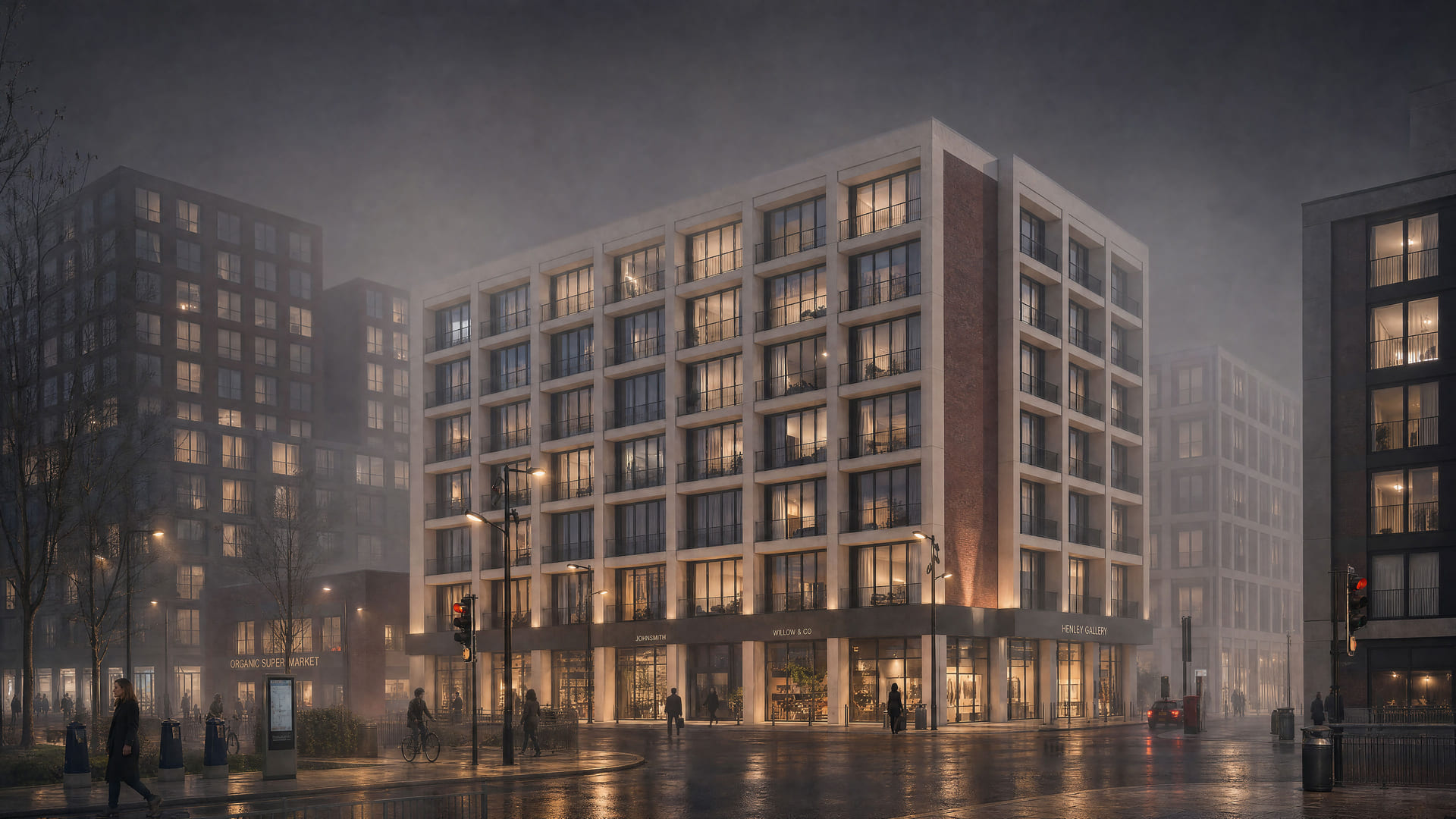 Residential block corner view at dusk with illuminated apartments and retail